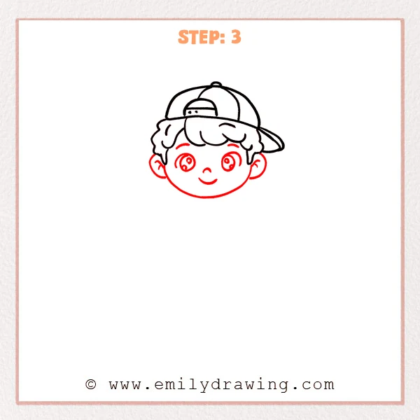 how to draw a cartoon boy - Cartoon boy head with a backward baseball cap, fluffy hair, a round face, ears, and big sparkling eyes with a small smile.